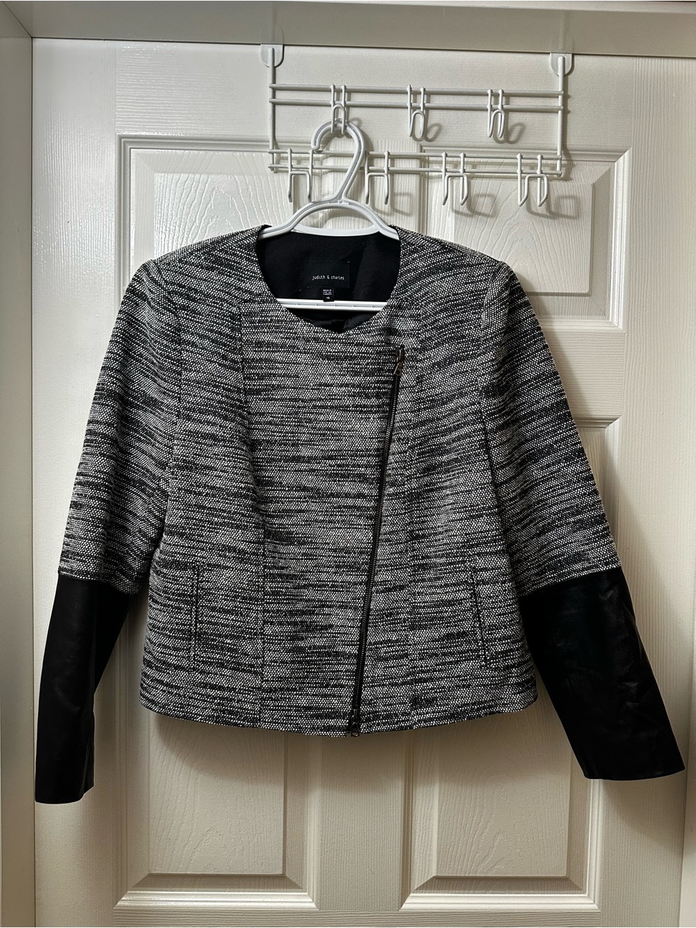 Judith & Charles Wool Blended Tweed and Lambskin Asymmetrical Zip Up Blazer